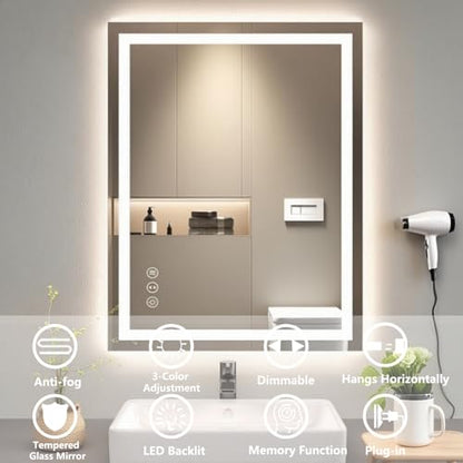 30"x36" LED Anti-Fog Memory Function Shower Mirror - Lighted Vanity Mirror with 3 Color Temperatures, Dimmable, Backlit + Front Lit, 3-Year Warranty