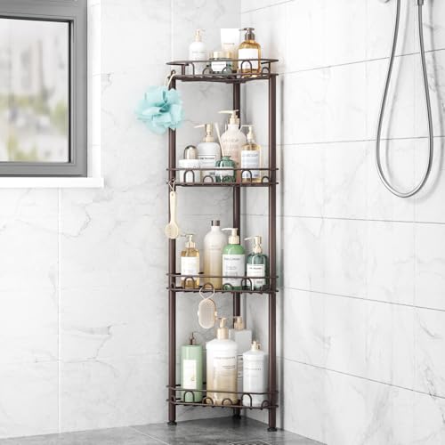 SWTYMIKI Standing Shower Caddy Corner - 4‑Tier Stainless Steel Shower Organizer Shelf with 12 Hooks and Adhesive Pads, Rustproof Corner Shelves Stand Rack for Bathroom Shower Room, Bronze - color: Bronze-4‑Tier