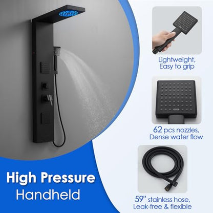 ROVOGO Shower Panel Tower System W/Led Lights, 5 Shower Modes, Matte Black | Rainfall Mist Shower Head, 3 Body Jets, Handheld and Tub Spout, Stainless Steel Shower Column With Mixing Valve, 46.5 Inch - style: Black- With Led Lights