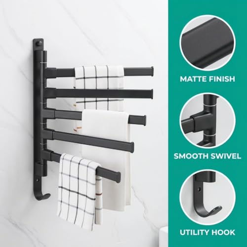 Black Aluminum Swivel Towel Bar, Wall Mounted 180 Degree Rotating Multi-Arm Towel Rack with Bottom Hook for Bathroom Kitchen(5-Arm) - size: 5-Arm