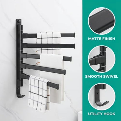 Black Aluminum Swivel Towel Bar, Wall Mounted 180 Degree Rotating Multi-Arm Towel Rack with Bottom Hook for Bathroom Kitchen(5-Arm) - size: 5-Arm