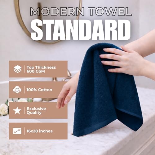 Set of 6 Luxurious Hand Towels for Bathroom, 16x28 inches, 100% Cotton, Ultra-Soft, Absorbent & Durable, 600GSM Bathroom Hand Towel - Ideal for Gym, Bath, Spa Use (Navy, 6 Pack) - color: Navy