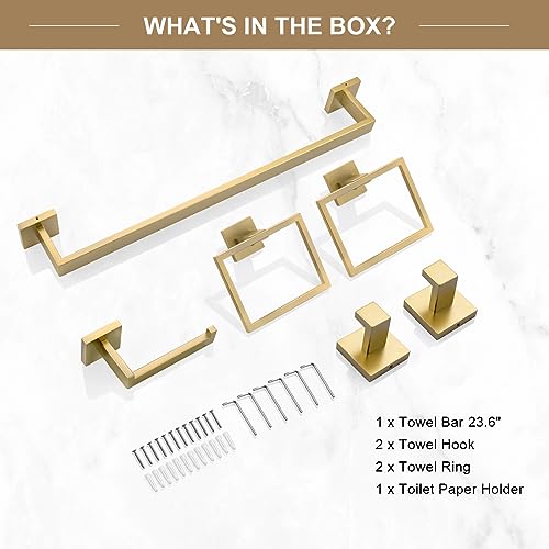 TQKAG 6-Piece Bathroom Towel Bar Sets Brushed Gold 23.6 inch Towel Bar Stainless Steel Towel Ring Coat Hook and Toilet Paper Holder Bathroom Hardware Set Wall Mounted Bathroom Accessories Kit | Stainless Steel, Wall Mounted Brushed Gold Bathroom Accessori
