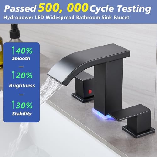 LED Light Bathroom Faucet Widespread 3 Holes - 8Inch Bathroom Sink Faucet | Two Handles Lavatory Vanity Sink Faucets with Pop-up Drain Assembly & Supply Lines - color: Matte Black