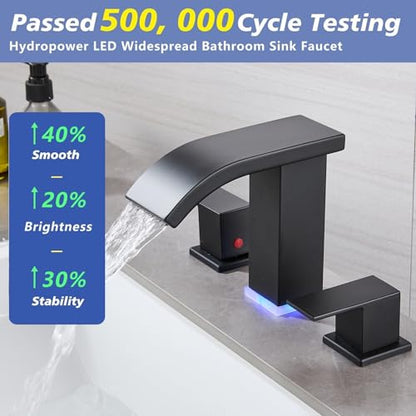 LED Light Bathroom Faucet Widespread 3 Holes - 8Inch Bathroom Sink Faucet | Two Handles Lavatory Vanity Sink Faucets with Pop-up Drain Assembly & Supply Lines - color: Matte Black