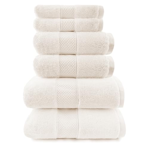 Maisonette Loft Egyptian Cotton Turkish Bathroom Towels Set, Soft & Absorbent, Ideal Quick Dry Luxury Hand & Large Bath Towels, Washcloths (6 Pack), Cream (Ivory) - color: Ivory, style: Bath Towel Set - 6 Piece