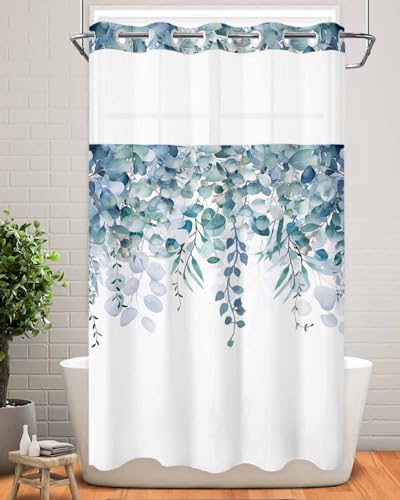 No Hook Shower Curtain and Snap in Liner Set, Blue Green Eucalyptus Fabric Bathroom Stall Shower Curtains 54x78, See Through Mesh Top Window, Spring Summer Botanical Floral Leaves Country Hotel Style - color: Blue Green, size: 54"W x 78"L (Pack of 1)