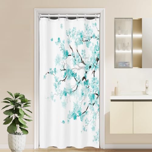 Stall Teal Floral Shower Curtain, Japanese, 7 Hooks, 36" W x 72" L | Turquoise Sakura Watercolor Pattern, Elegant Cherry Blossom Art, Cute Girly Style, Short Small Mini Bathroom Decor - color: Teal White, size: 36"W x 72"L (Pack of 1)