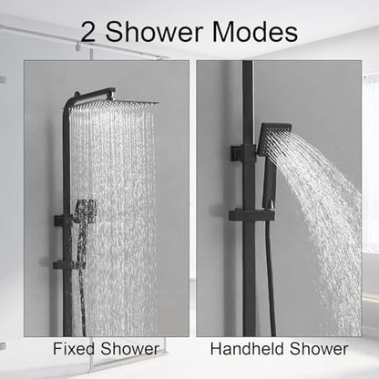 Matte Black Exposed Shower System 9 Inch Rainfall Shower Head | Handheld Spray Single Handle Center Wall Mount Bathroom Shower Faucet with Square Shower Head by Homevacious - color: Matte Black, style: 2-Function