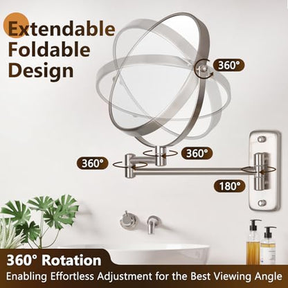 ALHAKIN 1X/30X Wall Mounted Makeup Mirror, 8 Inch Double Sided Magnifying Mirror for Wall, Bathroom Makeup Mirror with 360 Rotation Extendable Swivel Arm, Nickel