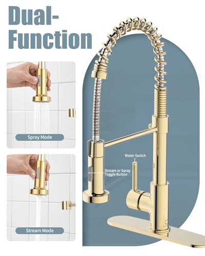 Gold Kitchen Faucet with Soap Dispenser, Pull Down Kitchen Faucet with Sprayer, Single Handle Kitchen Sink Faucet with Dual Function Spray Head, Camper Laundry RV Faucet,PVD - color: D-PVD Gold, style: Contemporary