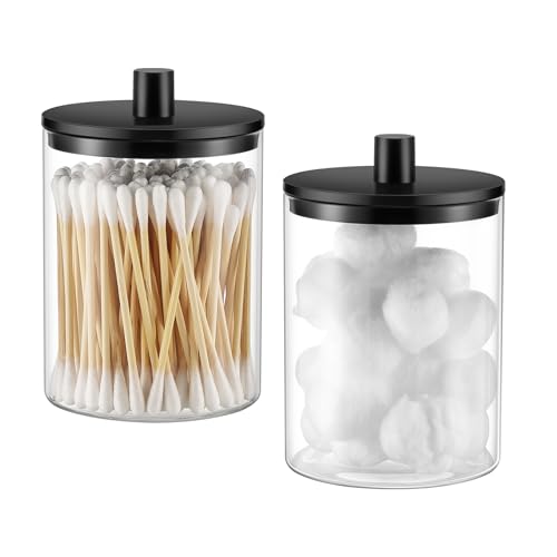 TIPGO Glass Qtip Holder Dispenser - 10 oz Clear Canister Apothecary Jar, Bathroom Vanity Storage Organizer Set for Cotton Swabs, Pads, Floss Picks, Small Containers for Makeup Storage (2 Pack, Black) - color: Black, size: 2 Pack