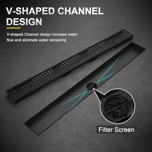 Linear Shower Drain - 24 Inch Matte Black, with Grate Removable | AISI 304 Stainless Steel Shower Drain with Adjustable Feet, Hair Catcher, Rectangle Shower Floor Drain Fits Bathroom, Balcony - color: Matte Black, size: 24 Inch