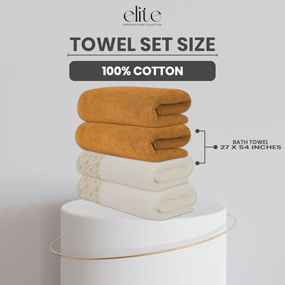 ELITE 4 Pack Luxury Jacquard Bath Towel Set – 100% Cotton, 600 GSM Ultra Soft & Absorbent Towels – Elegant Floral Pattern – 4 Large Bath Towels 27"x54" for Bathroom, Gift Spa & Hotel (Antique Gold) - color: Antique Gold