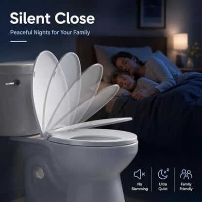 Round Toilet Seat, Slow Close, White Plastic, Never Loosen, 16.5” | Easy Installation, Easy Cleaning, Non-Slip Bumpers, Quiet Operation, Fits Standard Round Toilets - size: Round(Standard)