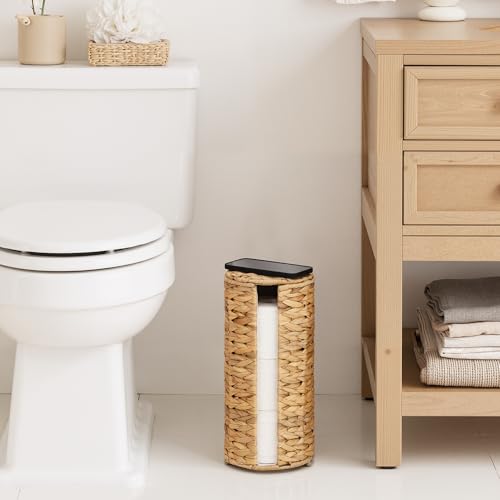 StorageWorks Water Hyacinth Free Standing Toilet Paper Holder Stand for Bathroom, 3 Rolls of Toilet Tissue Storage with a Built-in Cloth Lining, Toilet Roll Holder Stand with Lid | Decorative 3 Rolls of Toilet Tissue Storage with a Built-in Cloth Lining,