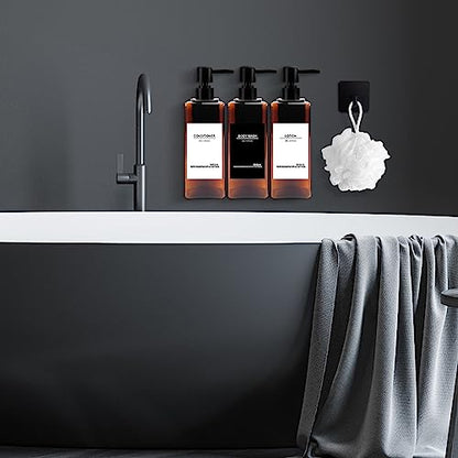 Shampoo and Conditioner Dispenser, No Drill, 16 Waterproof Labels | Shampoo Dispenser for Shower Wall, Shower Soap Dispenser Wall Mounted 3 Chamber, Bathroom, 17oz, Black Amber - color: Amber Bottle + Black Pump