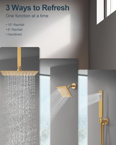 Brushed Gold 3-Function Shower System with 10" Rainfall & 6" Secondary Shower Head, Handheld Combo Set, Wall Mounted cUPC Certified Pressure Balance Valve - color: brushed gold