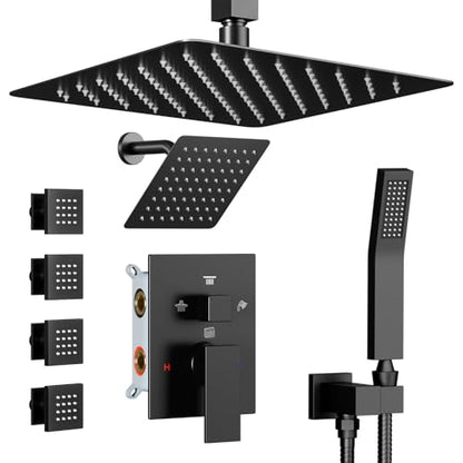 Shower Systems with Body Jets, STARBATH 4 Way 12+6" Rainfall Shower Head with Handheld Spray Combo, Ceiling Mounted Shower Jets System in Wall Shower Faucet Sets Complete, Matte Black - color: Matte Black, size: 6"+12"-01