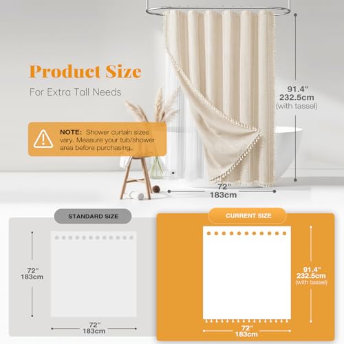 BTTN 3 in 1 Shower Curtain with Liner, 90 Inch Extra Long Boho Linen Striped Shower Curtain Set with Hook, Tall Modern Farmhouse Bohemian Waterproof Shower Curtain for Bathroom, Cream/Beige, 72x90 - color: Cream With Liner, size: 72"W x 90"L (Pack of 1)