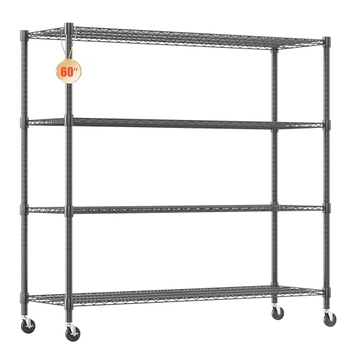 Homdox 60”W Storage Shelves, 4 Tier Heavy Duty Wire Shelving Unit with Wheels, 2400LBS Commercial Adjustable Metal Shelves for Storage, Garage Rack Pantry Shelves Kitchen Shelving, 24"x60"x72", Black - color: Black, size: 24"x60"x72"