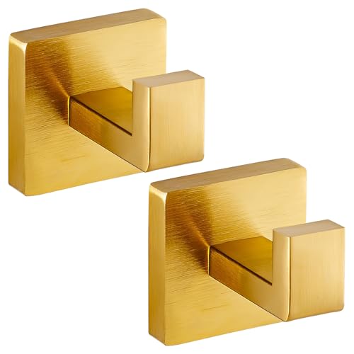 Towel Hooks for Bathrooms, Heavy Duty Wall Mounted Stainless Steel Modern Hook, – Ideal for Hanging Towels, Robes, Coats, in Kitchen, Bedroom, Bathroom, or Hotel (2 Pack, Brushed Gold) - color: Brushed Gold