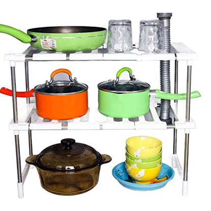 Mingzhe Retractable 2-Layer Storage Rack Adjustable Length Under Sink Organizer Stainless Steel Kitchen Shelf with Height Adjustment for Dishware Storage