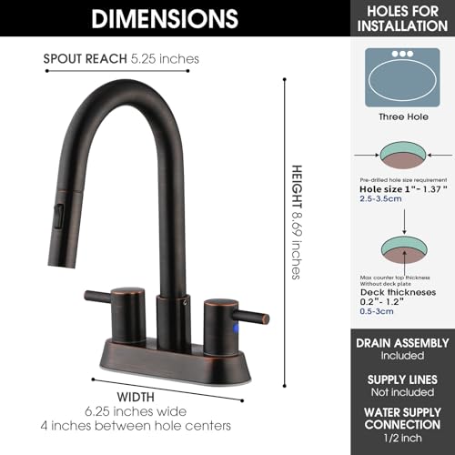 Oil Rubbed Bronze Bathroom Faucet with Pull Out Sprayer, Dual-Function Spout Bronze Bathroom Sink Faucets, 4 Inch Two Handle Utility Sink Faucet with Sprayer 3 Hole, Easy Pet Shower, RVs - color: Oil Rubbed Bronze