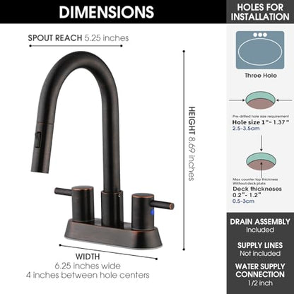Oil Rubbed Bronze Bathroom Faucet with Pull Out Sprayer, Dual-Function Spout Bronze Bathroom Sink Faucets, 4 Inch Two Handle Utility Sink Faucet with Sprayer 3 Hole, Easy Pet Shower, RVs - color: Oil Rubbed Bronze