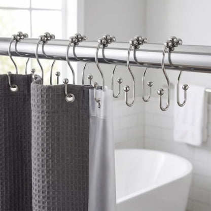 12Pcs Stainless Shower Curtain Hooks,Rust Proof Anti-Drop Curtain Hooks,Sturdy Metal Shower Curtain Rings,Glide Roller Double Shower Hooks,Smooth Sliding Rings for Bathroom Shower Rods Curtains,Silver