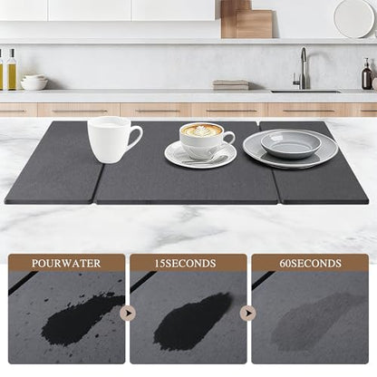 Foldable Stone Dish Drying Mat for Kitchen Counter, Diatomaceous Earth Drying Mat with Non-Slip Backing, Heat Resistant Multifunctional Mat for Kitchen & Bathroom, Instant water absorption-(24"×16") - color: Dark Gray1