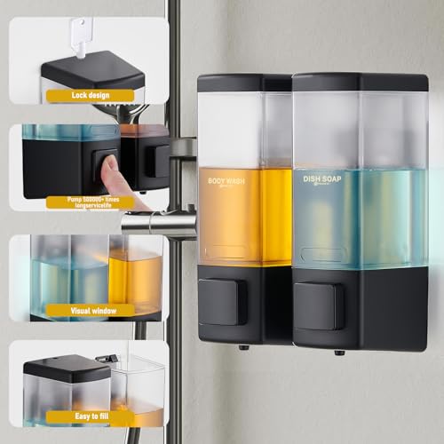 Pollock Shampoo and Conditioner Dispenser 2 Chamber * 500ML | Shower Soap Dispenser Wall Mounted, Body Wash Dispenser No Drill, Refillable Shower Dispenser for Bathroom - color: Blk-zt-53-b2