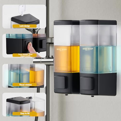 Pollock Shampoo and Conditioner Dispenser 2 Chamber * 500ML | Shower Soap Dispenser Wall Mounted, Body Wash Dispenser No Drill, Refillable Shower Dispenser for Bathroom - color: Blk-zt-53-b2