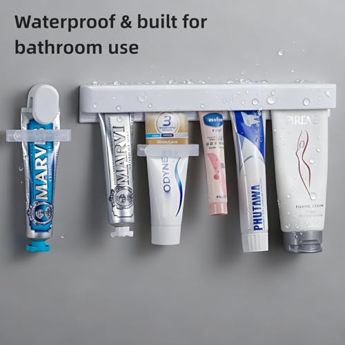 Toothpaste Holder Wall Mounted, Extra Large Tooth Paste Holder for Bathroom | JM.JEEMI Face Cream & Cosmetic Tubes Hanger, Wall Tube Organizers Gripper with 3 Toothpaste Squeezers - Adhesive, White - size: X-Large
