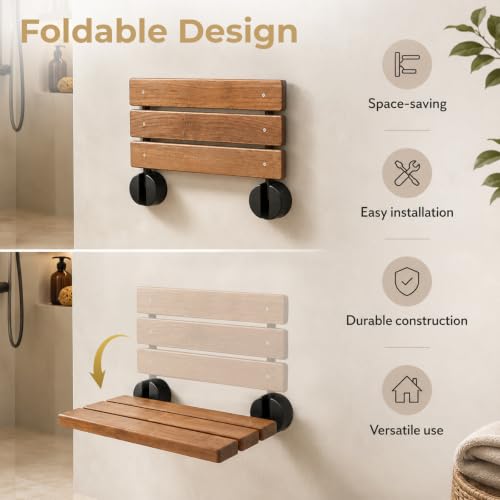 DIYHD 20" Burmese Teak Wood Wall Mounted Folding Shower Bench, Black | Premium Solid Teak Wood with Stainless Steel Bars, 330 lbs Capacity, 14” W x 20” D, Fits 16” Stud Spacing - size: 20"-Black