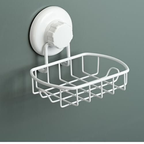 HASKO Suction Cup Soap Dish for Shower Wall, Rustproof Stainless Steel, Shower Soap Holder with Hooks for Bathroom, Includes Optional No Drill Adhesive Mount and Soap Saver, White - color: White