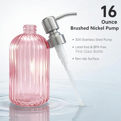 16 OZ Pink Glass Soap Dispenser Glass Soap Dispenser,Clear Pink Stripe Bathroom Hand Soap Dispensers with Stainless Steel Pump, Pink Kitchen Hand Soap Dispenser with Brushed Nickel Pump - color: Pink+brushed Nickel Pump, size: 1-Pack