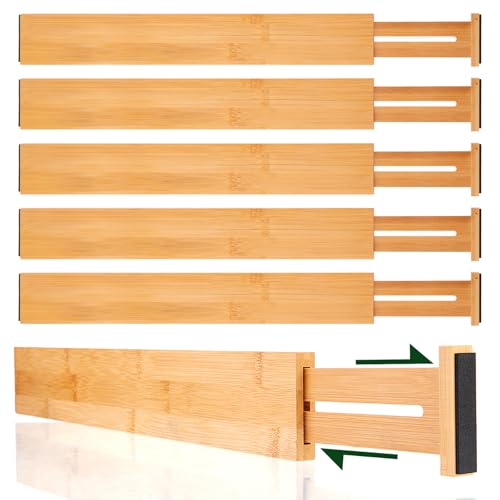 CMOOD 6 PCS Bamboo Drawer Dividers, Kitchen Drawer Dividers, 17"-22" Expandable Adjustable Bamboo Drawer Dividers Organizers for Kitchen, Clothes, Dresser, Bedroom, Home, Office, Spring Loaded