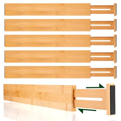 CMOOD 6 PCS Bamboo Drawer Dividers, Kitchen Drawer Dividers, 17"-22" Expandable Adjustable Bamboo Drawer Dividers Organizers for Kitchen, Clothes, Dresser, Bedroom, Home, Office, Spring Loaded
