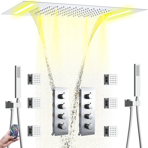 AYIVG Thermostatic Full Body Rainfall Shower System Dual 3 Way Diverter Valve 6 Function Ceiling Mount 14x20" ShowerHeads With 6 Jets 2 Handheld Shower Set (Chrome) - color: Chrome