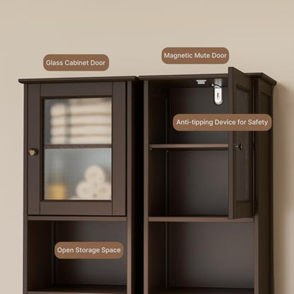 Gizoon Tall Bathroom Storage Cabinet | Freestanding Linen Cabinet with Two-Way Doors, Adjustable Shelves, for Home, Kitchen, Living Room, Dark Brown - color: Dark Brown
