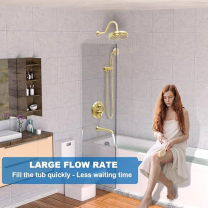 Enga Brushed Gold Antique Brass Tub Shower Faucet Fixture Shower System, 8inch Wall Mount Rain Shower with Spout and Hand Spray - color: Brushed Gold, style: 8" Head + Tub
