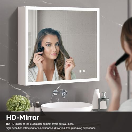 VINGLI Lighted Medicine Cabinet with Mirror Bathroom Mirror Medicine Cabinet Wall Mounted with Storage LED Lights Charging Station Defogger Modern Bathroom Mirrors for over Sink with Storage (32"*28") - size: 5.9"D x 31.5"W x 27.58"H