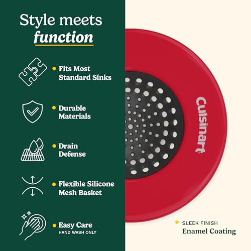 Cuisinart Stainless Steel Kitchen Sink Drain Strainer, 2-Pack, 4.35" | Fits standard 3.5in drains, silicone base and mesh, scratch-safe on steel or porcelain, enamel-coated to resist rust - color: Red
