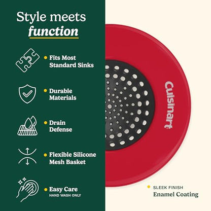 Cuisinart Stainless Steel Kitchen Sink Drain Strainer, 2-Pack, 4.35" | Fits standard 3.5in drains, silicone base and mesh, scratch-safe on steel or porcelain, enamel-coated to resist rust - color: Red