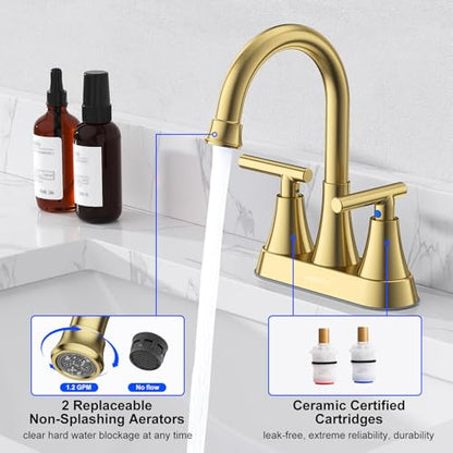 Brushed Gold Bathroom Faucets, Hurran 4 inch Centerset 2-Handle Lead-Free | Bathroom Sink Faucet with Pop-up Drain and Supply Lines, Stainless Steel Faucet for Vanity RV Restroom Laundry, 2 Pack - color: Brushed Gold X 2