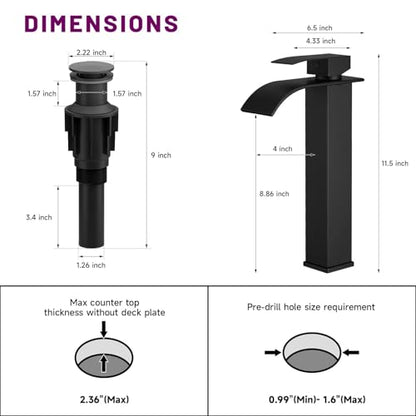 Vessel Sink Faucet Black Waterfall Bathroom Faucet with Drain Assembly | Stainless Steel,Single Handle One Hole,Deck Mount,Modern Bowl Sink Faucet,with 3/8" Supply Hose,Lead-Free by Bathfinesse - color: Matte Black