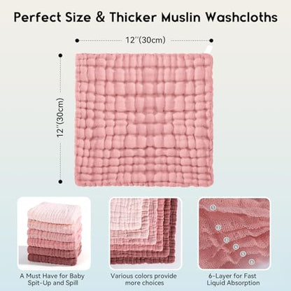 Unnivoll Muslin Burp Cloths Baby 12''X12'', Baby Washcloths 6 Pack, 100% Cotton Baby Wash Cloths Absorbent and Soft for Newborn Infants Kids Boys Girls - Gradient Pink - color: Gradient Pink