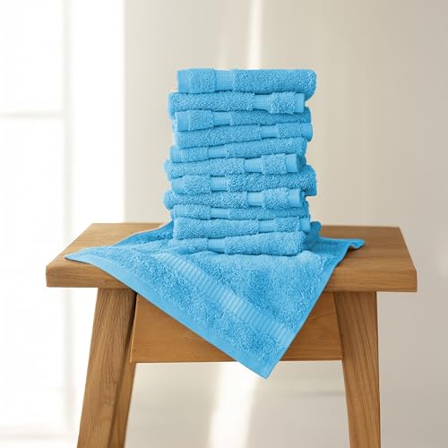SALBAKOS 12-Piece 100% Turkish Cotton Washcloths and Face Towels, Aqua | 13x13 in Standard Size Small Towel, Multi-use Bathroom & Kitchen, Thick Super Soft Absorbent Durable, Oeko-Tex Made in Turkey - color: Aqua, size: 12 Washcloths