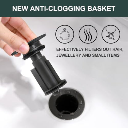 Pop Up Bathroom Sink Drain Without Overflow, Matte Black Pop Up Drain | Bathroom Vanity Sink Drain Assembly, Built-in Anti-Clogging Strainer, Plastic Pop Up Drain for Bathroom Vanity Vessel Sink - color: Matte Black, size: Big Pop up Cap (Without Overflow